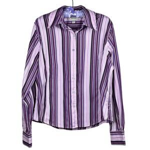 Faconnable Women's Striped Button Up Long Sleeved Shirt Size L Purple Cotton